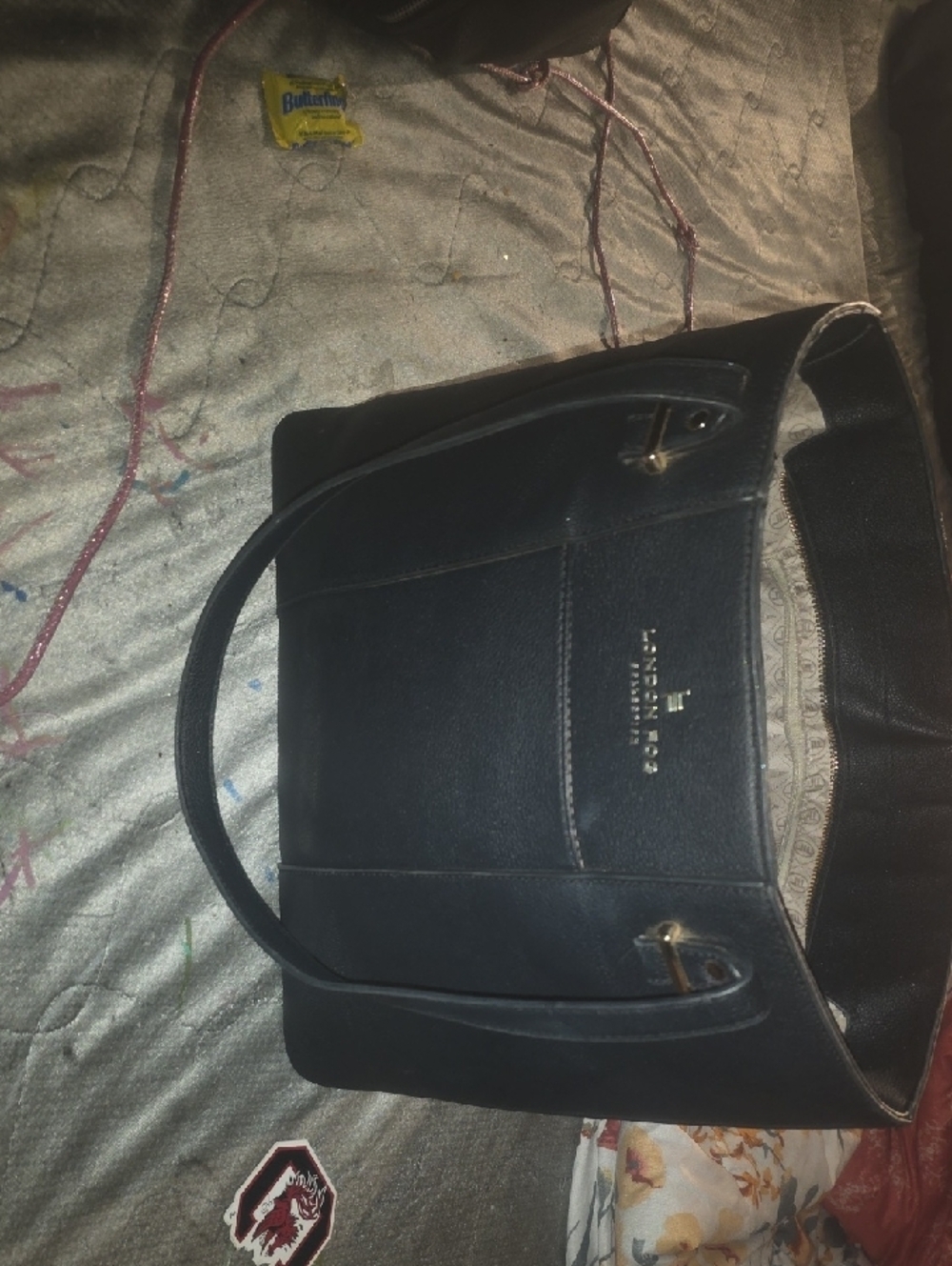 London Fog Black Pebbled Leather Tote with Gold Hardware - Picture 2 of 4